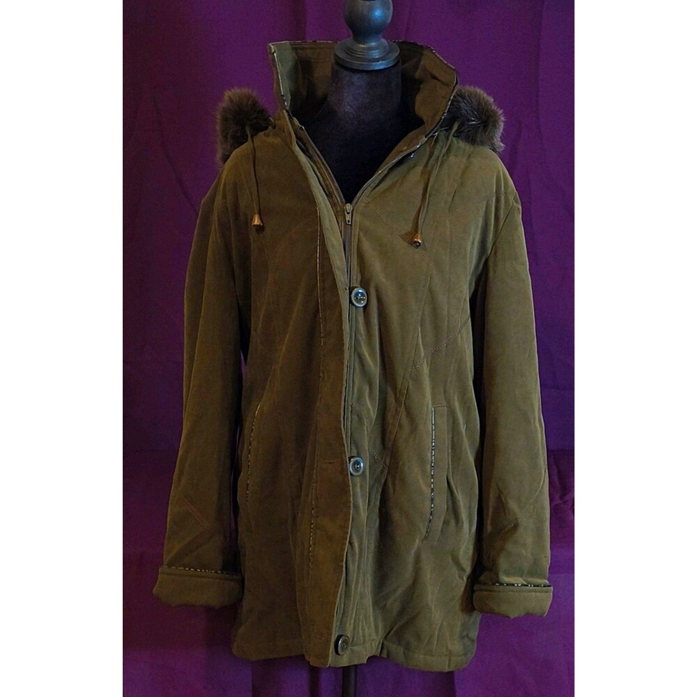 Tradition Arctic Warmth Hooded Parka Coat Faux Fur Trim Zip/Button Green S